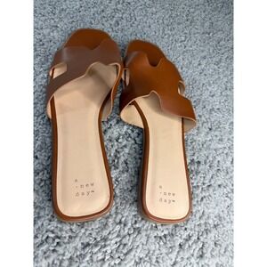 A New Day Womens Brown H-Band Slide Sandals Square Toe Cognac Flat Slides 11